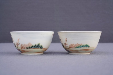 Two fine Chinese famille rose 'European subject' cups and saucers, Qianlong